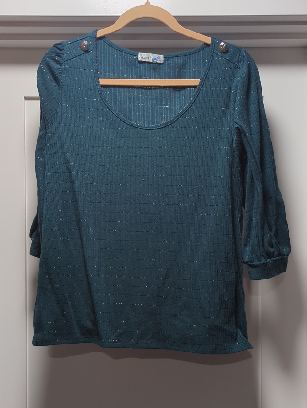 89th & Madison Teal Metallic Ribbed Scoop Neck Long Sleeve Top